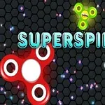 Färgglada fidget spinners på en hexagonal mörk bakgrund med texten SUPERSPIN