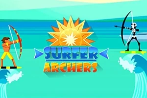 En tecknad strandscen visar två figurer på surfbrädor som siktar med pil och båge under en solig himmel, med texten Surfer Archers i mitten