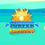 En tecknad strandscen visar två figurer på surfbrädor som siktar med pil och båge under en solig himmel, med texten Surfer Archers i mitten