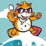 En tecknad katt med solglasögon surfar på en våg med ett glatt uttryck och en snäcka i bakgrunden