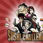 Fem stiliserade tecknade karaktärer med sushi runt dem och texten Sushi Challenge mot en röd bakgrund