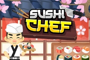 En tecknad sushikock i vit dräkt står framför en bricka med olika sushi i en traditionell japansk inredning