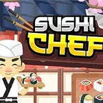 En tecknad sushikock i vit dräkt står framför en bricka med olika sushi i en traditionell japansk inredning