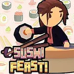 Animerad figur med långt hår håller en stekpanna framför en bakgrund med sushi och har texten Sushi Feast!