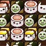 Animerade sushi-bitar med olika ansiktsuttryck ordnade i ett rutmönster