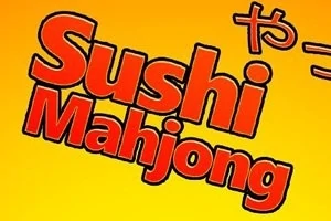 Texten Sushi Mahjong i röd stiliserad font mot en gul bakgrund med japanska tecken ovanför