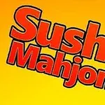 Texten Sushi Mahjong i röd stiliserad font mot en gul bakgrund med japanska tecken ovanför