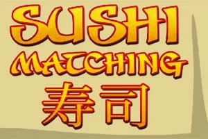 Texten SUSHI MATCHING i röd och gul stiliserad font med japanska tecken för sushi på en beige bakgrund