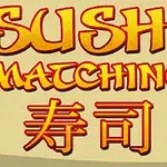 Texten SUSHI MATCHING i röd och gul stiliserad font med japanska tecken för sushi på en beige bakgrund