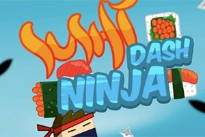 Tecknad ninja med sushi, omgiven av texten Sushi Dash Ninja i livliga färger
