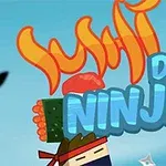 Tecknad ninja med sushi, omgiven av texten Sushi Dash Ninja i livliga färger