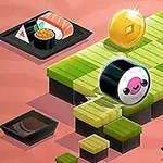 Sushibitar rullar över ett schackbräde-liknande grön plattform med en skinande gul mynt ovanför, omgiven av olika sushi och maträtter