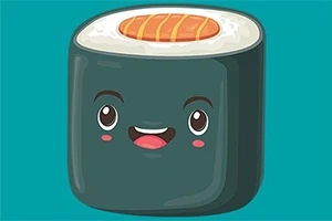 Tecknad bild av en glad sushibit med ansikte och lax på toppen mot en turkos bakgrund