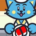 Tecknad blå katt med vit kockmössa håller en tallrik med sushi framför sig