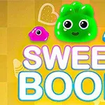 Färgglada geléliknande figurer ovanför texten SWEET BOOM på en gul bakgrund med hjärtan och godis