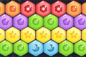 Färgglada hexagonala brickor med olika symboler som blommor, stjärnor och månar