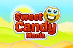 Texten Sweet Candy Mania i röd med ett gult, leende ansikte bredvid, mot en färgglad bakgrund med himmel och grönt landskap