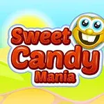 Texten Sweet Candy Mania i röd med ett gult, leende ansikte bredvid, mot en färgglad bakgrund med himmel och grönt landskap