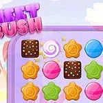 Ett färgglatt rutnät med olika former av godisliknande bitar och texten Sweet Crush i rosa och lila bokstäver