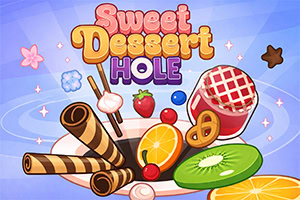Färgglad illustration med texten Sweet Dessert Hole omgiven av glassstrutar, klubbor, jordgubbe, apelsinskivor, kiwi, kringla och andra sötsaker på ljusblå bakgrund
