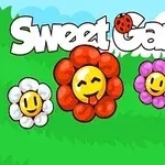 Tecknade blommor med glada ansikten i olika färger mot en grön bakgrund med texten Sweet Garden ovanför