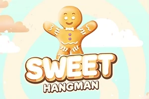 Pepparkaksgubbe med utsträckta armar ovanför texten SWEET HANGMAN mot en pastellfärgad himmel med moln