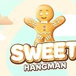 Pepparkaksgubbe med utsträckta armar ovanför texten SWEET HANGMAN mot en pastellfärgad himmel med moln