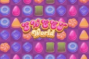 Färgglada gelégodisar och karameller mot en lila bakgrund med texten Sweet World i mitten