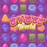 Färgglada gelégodisar och karameller mot en lila bakgrund med texten Sweet World i mitten