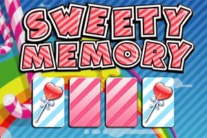 Texten Sweety Memory i röd och vit stil med tre kort som visar hjärtformade godisklubbor på en färgglad bakgrund med ränder