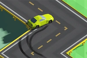 En gul bil glider runt en kurva och lämnar svarta däckspår på asfalten på en väg med räcken