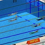 Flera simmare i en bassäng tävlar i olika banor