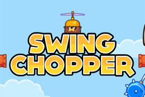 En animerad figur med en gul helikopterhatt svävar ovanför texten SWING CHOPPER mot en ljusblå himmel med moln