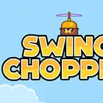 En animerad figur med en gul helikopterhatt svävar ovanför texten SWING CHOPPER mot en ljusblå himmel med moln