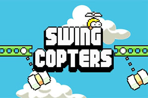 Titeln Swing Copters visas över en blå himmel med vita moln och gröna plattformar med hinder