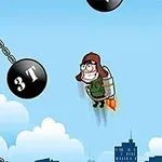 En tecknad karaktär med jetpack flyger mellan höghus och undviker stora svingande klot