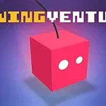 Ett rött kubformat objekt med två vita cirklar och ett snöre ovanpå mot en blå bakgrund, med texten SWING VENTURE ovanför