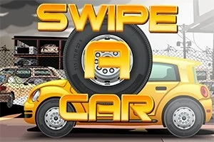 Gul bil framför ett staket med texten Swipe a Car i gyllene bokstäver ovanpå