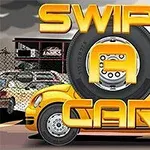 Gul bil framför ett staket med texten Swipe a Car i gyllene bokstäver ovanpå