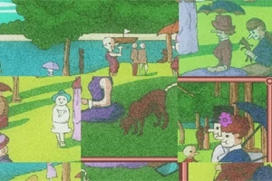 En pusslad bild som visar en park med människor, träd, en hund och en flicka i en vit klänning