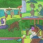 En pusslad bild som visar en park med människor, träd, en hund och en flicka i en vit klänning