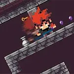 Pixelart-karaktär med rött hår och svart tröja springer genom en fängelsehåla med tegelväggar, lila kulor och en nyckel ovanför