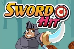 En tecknad riddare i rustning håller ett svärd framför en måltavla, med texten Sword Hit ovanför