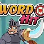 En tecknad riddare i rustning håller ett svärd framför en måltavla, med texten Sword Hit ovanför