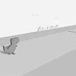 En pixelerad dinosaurie springer mot en kaktus på en enkel, grå bakgrund med några moln