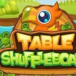 Tecknad fågel med ett stort öga och texten Table Shuffleboard med en färgglad bakgrund av naturen
