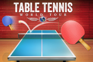 Bordtennisbord med två paddlar, en blå och en röd, framför en röd bakgrund med texten Table Tennis World Tour