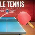 Bordtennisbord med två paddlar, en blå och en röd, framför en röd bakgrund med texten Table Tennis World Tour