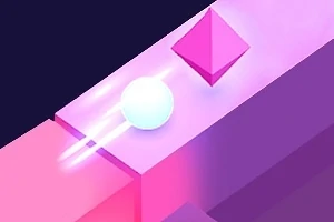 Ljusklot rullar på ett rosa och lila block med en rosa diamantform i bakgrunden