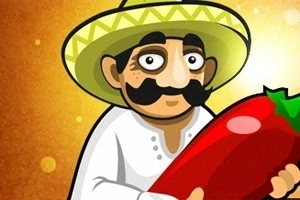 En tecknad man med en sombrero håller en stor röd chilipeppar mot en guldfärgad bakgrund
